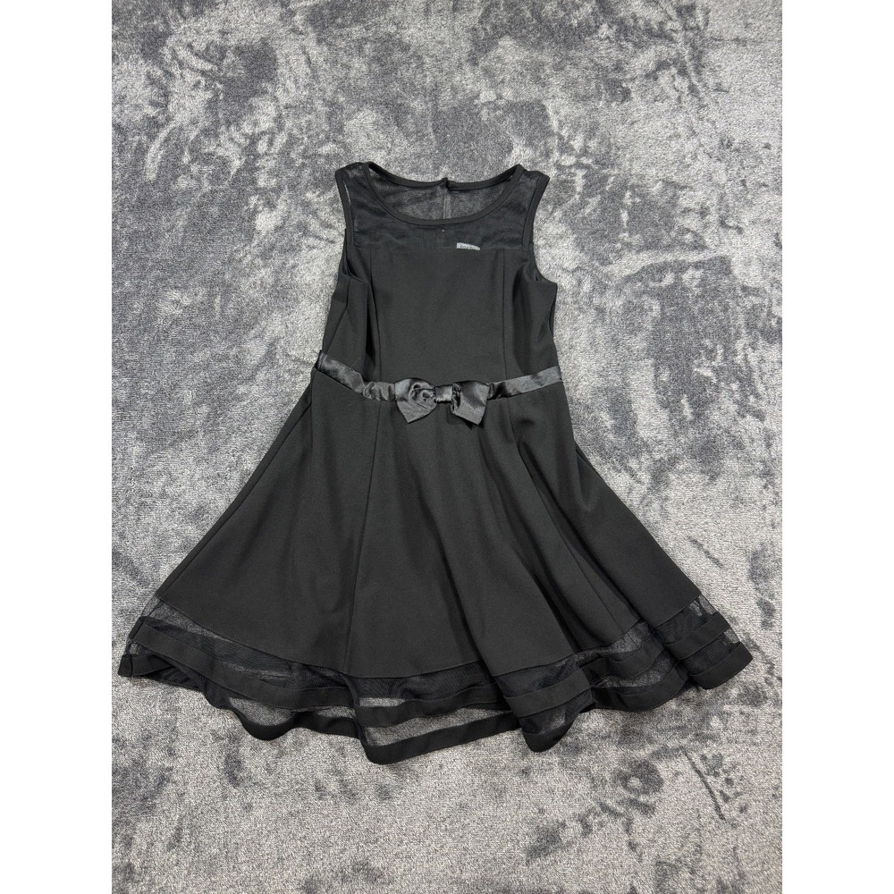 Calvin Klein Girls Sz 12 Black Illusion Mesh Bow Front Dress w/Zip & Button - Picture 1 of 9